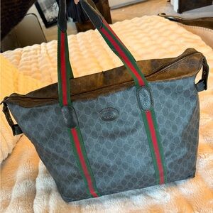 Gucci Gray Monogram Tote with Red and Green Straps